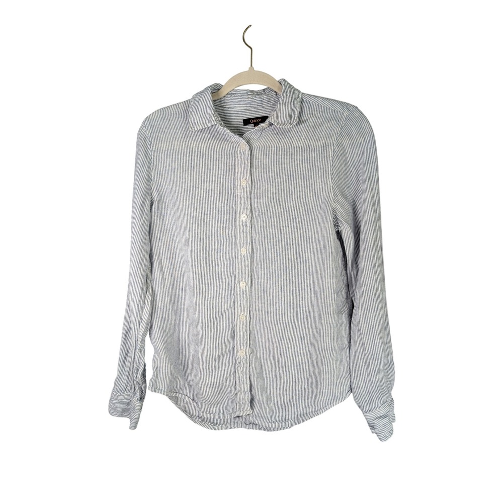 Quince 100% European Linen Shirt Womens XS Blue White Pinstripe Button Down